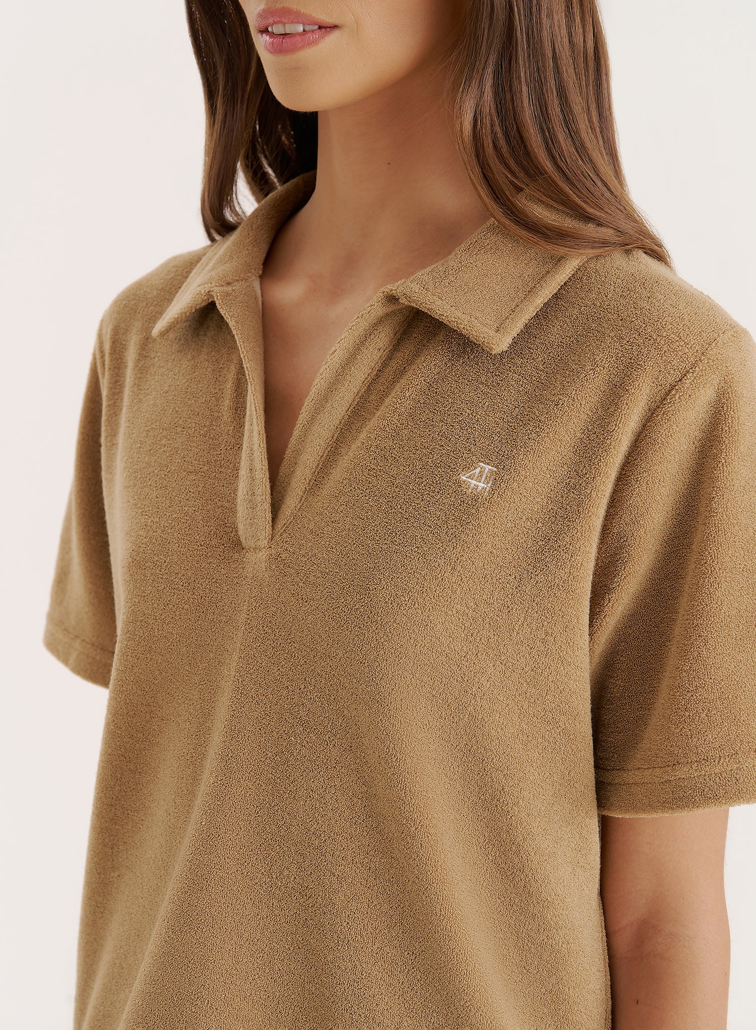 Camel Towelling Short Sleeve Polo Top